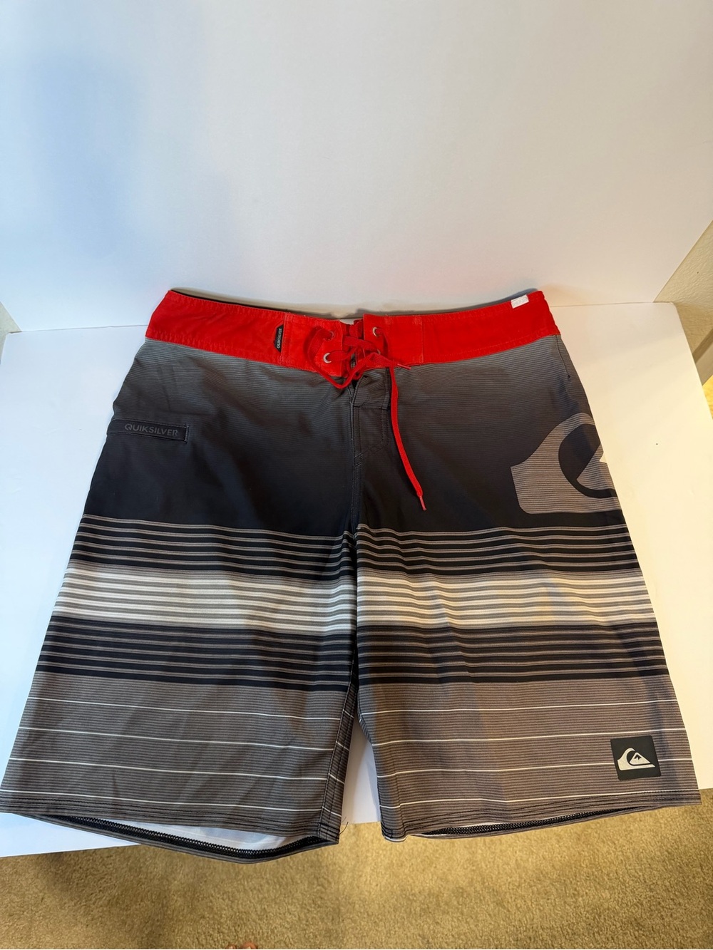 Quiksilver Red and Black Gradient Striped Boardshorts